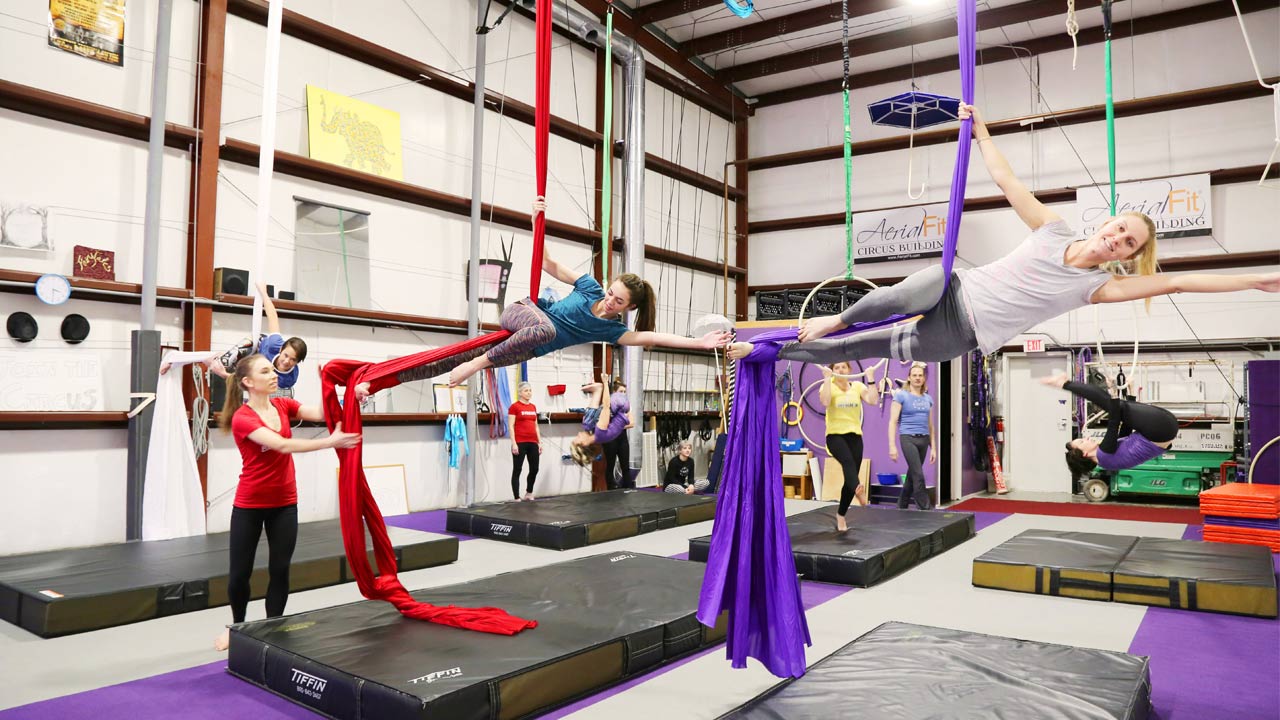 Aerial instructors teaching silks in-person class